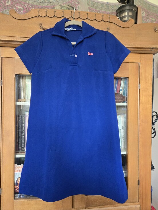 Vintage Dresses & Skirts - Vintage Cobalt Blue Mod A-Line Mini Dress Embroidered Whale Collared Polyester